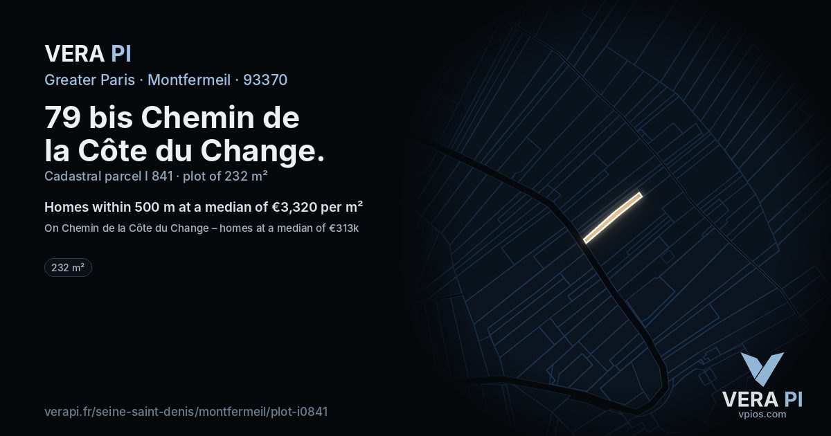 79 bis Chemin de la Côte du Change, Montfermeil at night – the plot lit, the parcels around coloured by the prices near them
