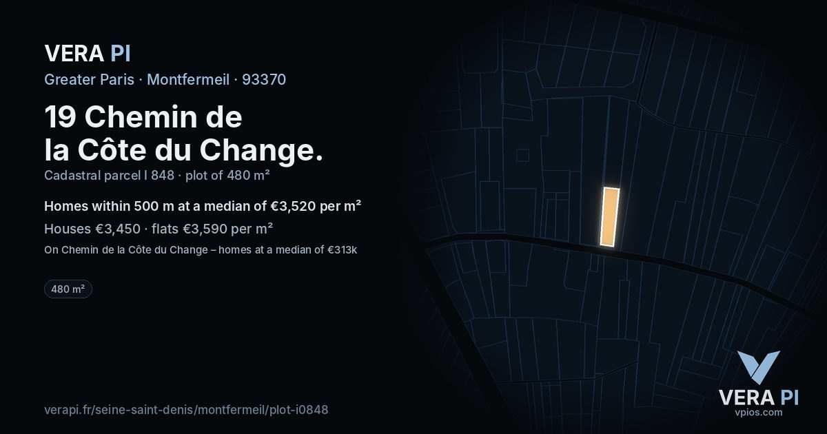 19 Chemin de la Côte du Change, Montfermeil at night – the plot lit, the parcels around coloured by the prices near them