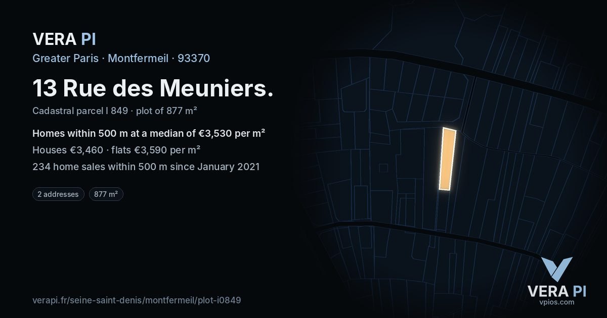 13 Rue des Meuniers, Montfermeil at night – the plot lit, the parcels around coloured by the prices near them