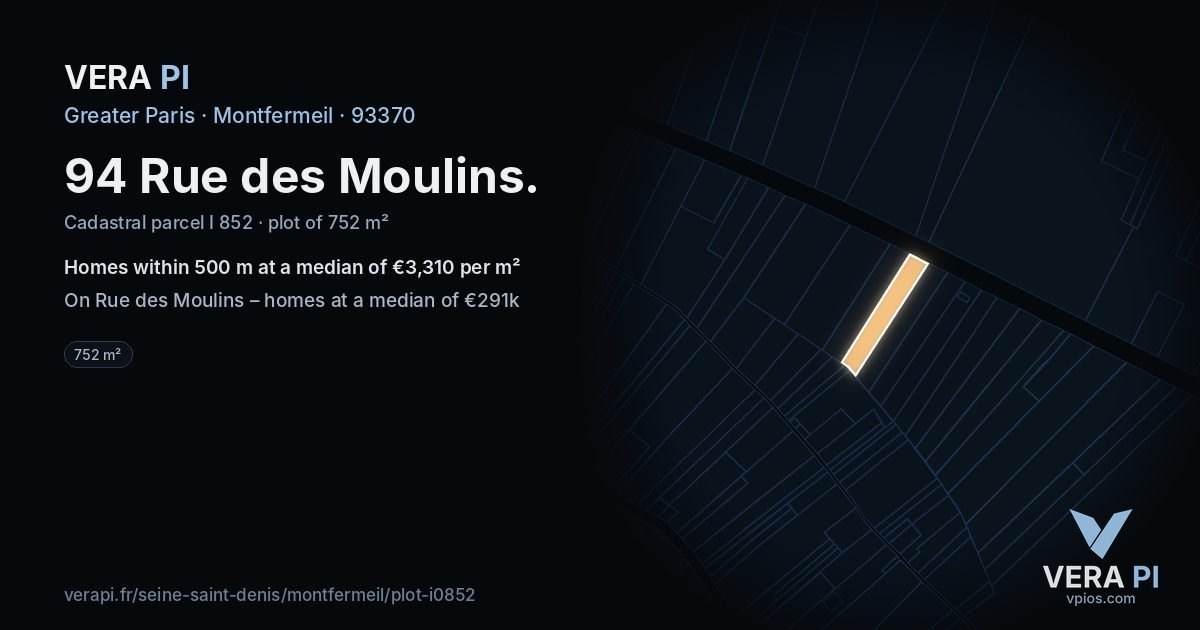 94 Rue des Moulins, Montfermeil at night – the plot lit, the parcels around coloured by the prices near them