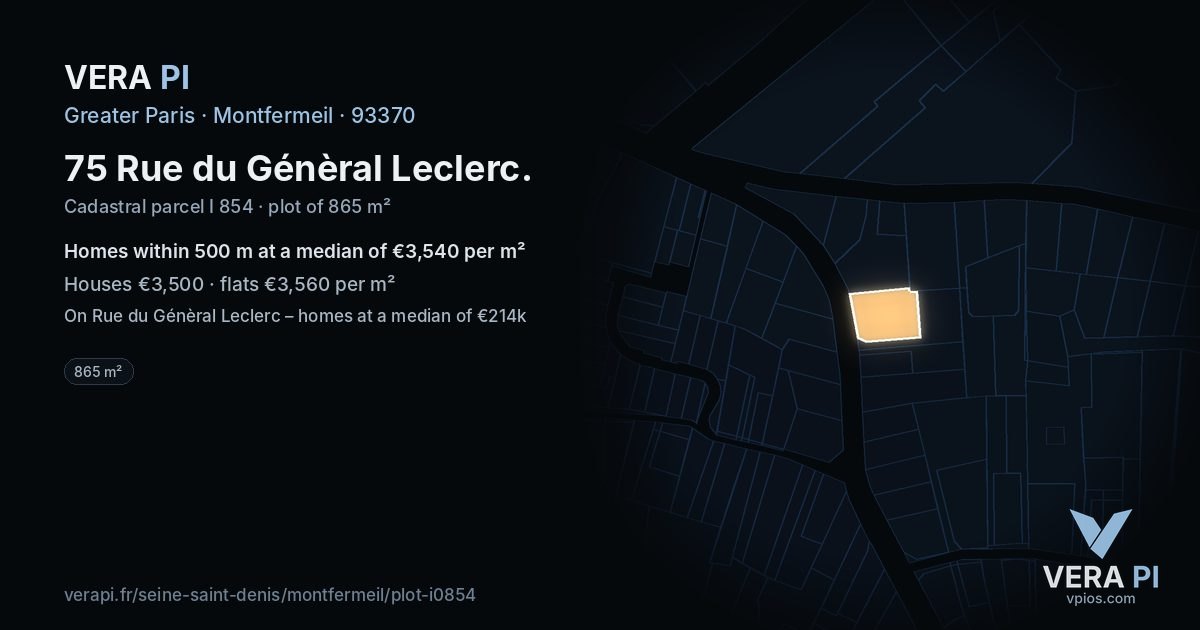 75 Rue du Génèral Leclerc, Montfermeil at night – the plot lit, the parcels around coloured by the prices near them