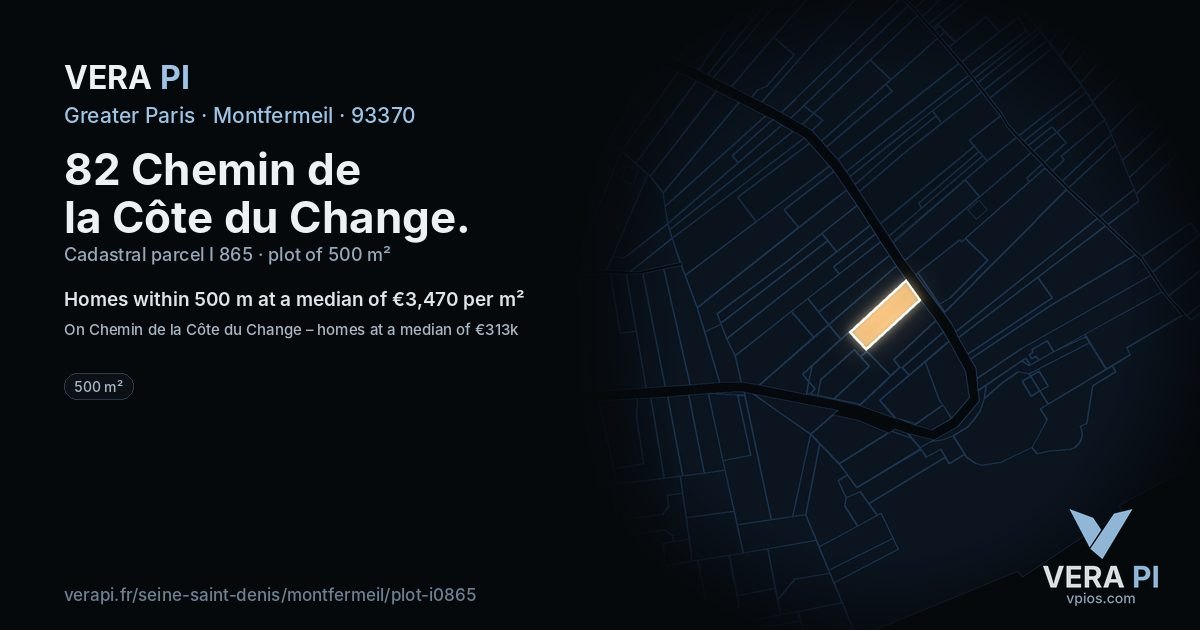 82 Chemin de la Côte du Change, Montfermeil at night – the plot lit, the parcels around coloured by the prices near them