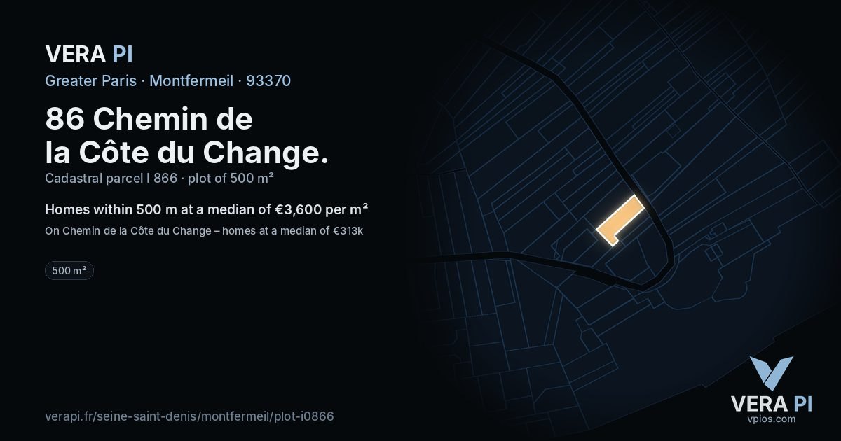 86 Chemin de la Côte du Change, Montfermeil at night – the plot lit, the parcels around coloured by the prices near them