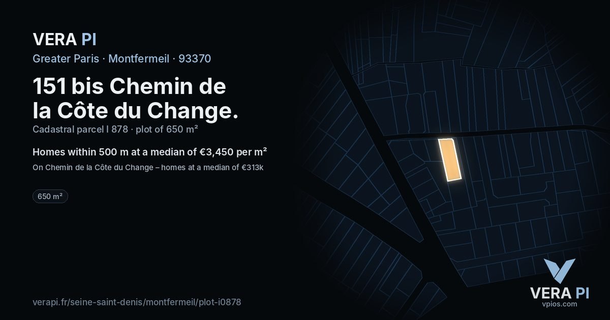 151 bis Chemin de la Côte du Change, Montfermeil at night – the plot lit, the parcels around coloured by the prices near them