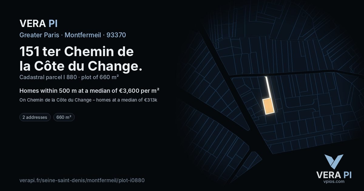 151 ter Chemin de la Côte du Change, Montfermeil at night – the plot lit, the parcels around coloured by the prices near them