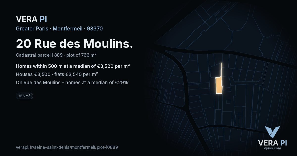 20 Rue des Moulins, Montfermeil at night – the plot lit, the parcels around coloured by the prices near them