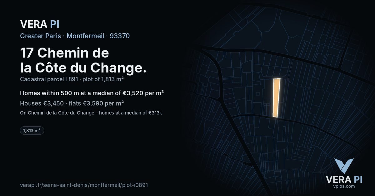 17 Chemin de la Côte du Change, Montfermeil at night – the plot lit, the parcels around coloured by the prices near them