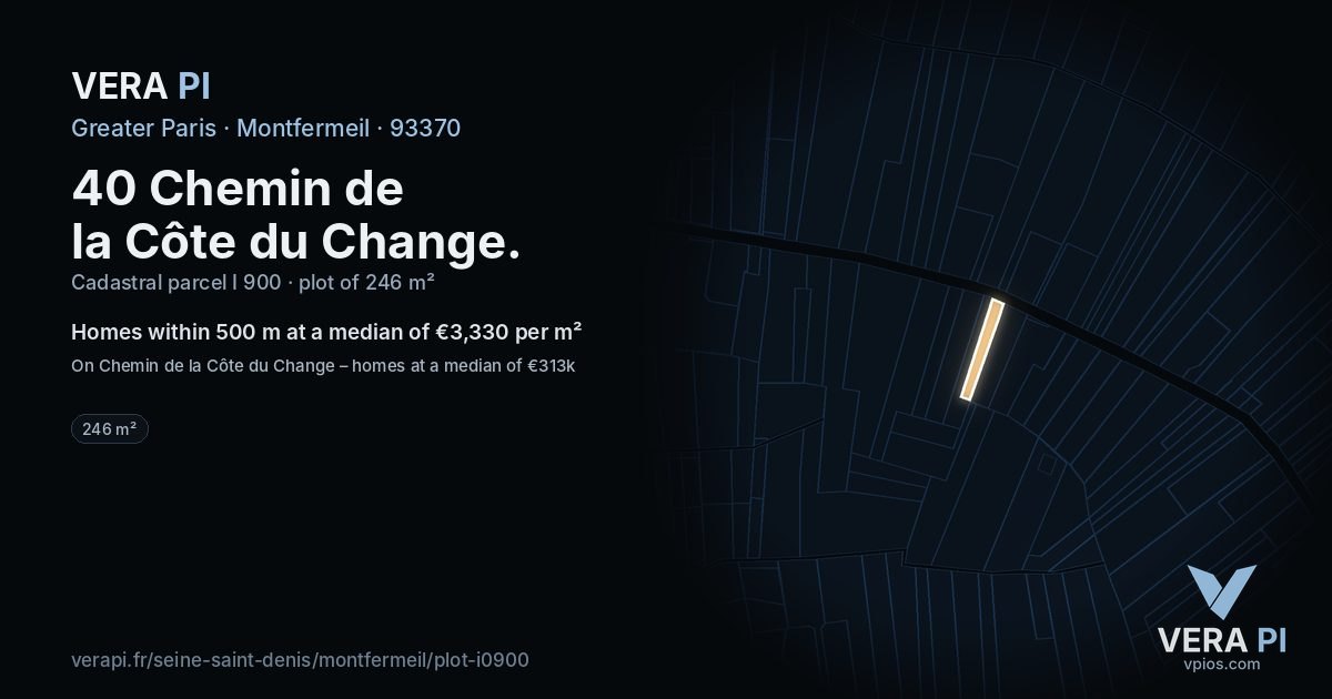 40 Chemin de la Côte du Change, Montfermeil at night – the plot lit, the parcels around coloured by the prices near them