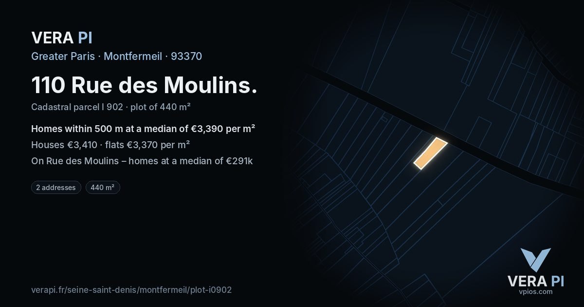 110 Rue des Moulins, Montfermeil at night – the plot lit, the parcels around coloured by the prices near them