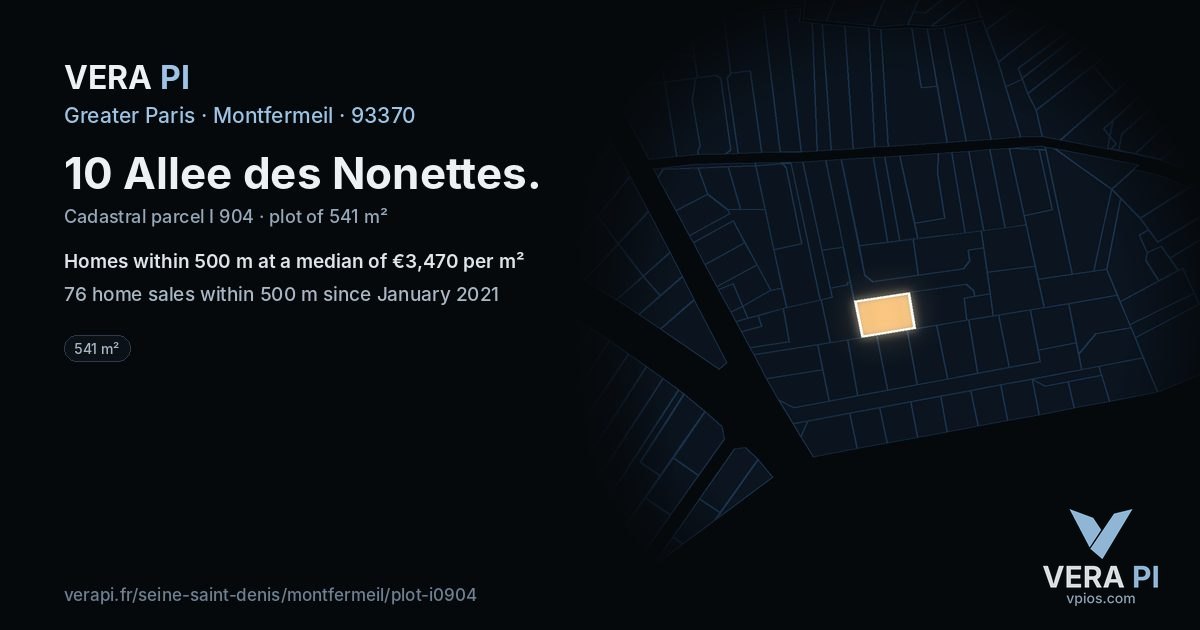 10 Allee des Nonettes, Montfermeil at night – the plot lit, the parcels around coloured by the prices near them