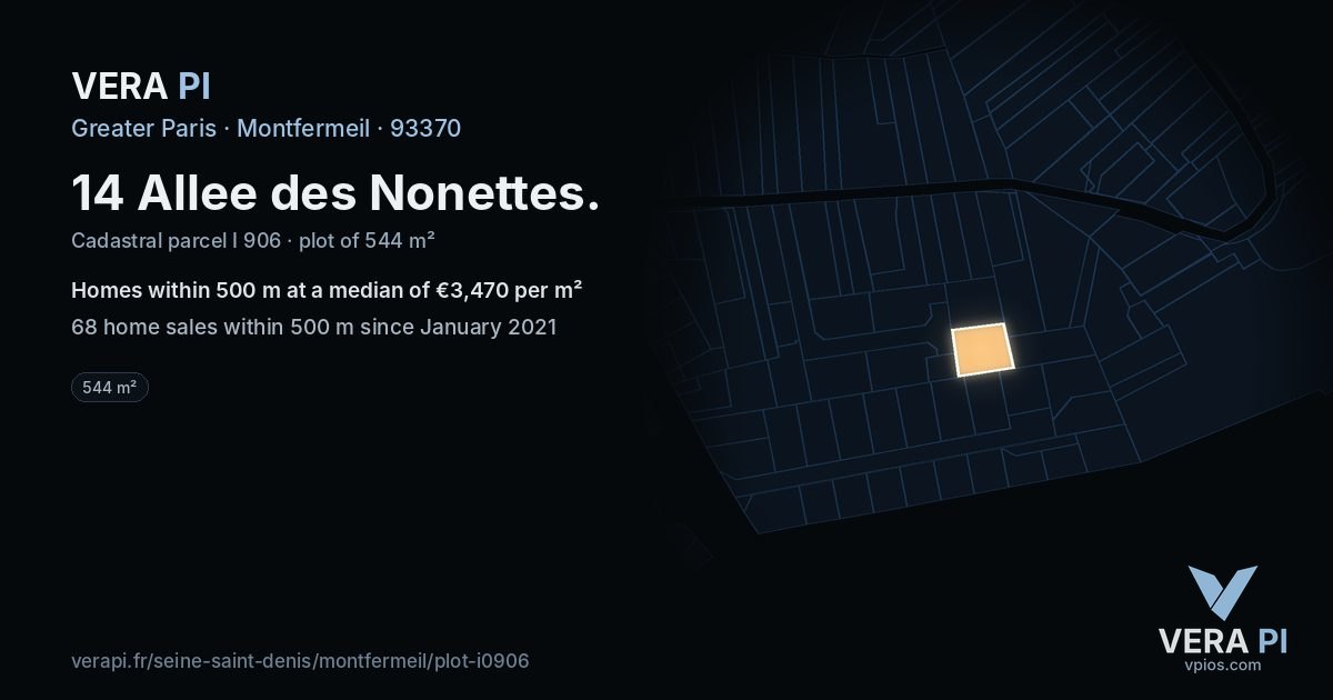 14 Allee des Nonettes, Montfermeil at night – the plot lit, the parcels around coloured by the prices near them