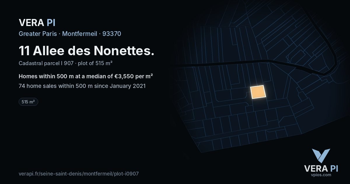 11 Allee des Nonettes, Montfermeil at night – the plot lit, the parcels around coloured by the prices near them