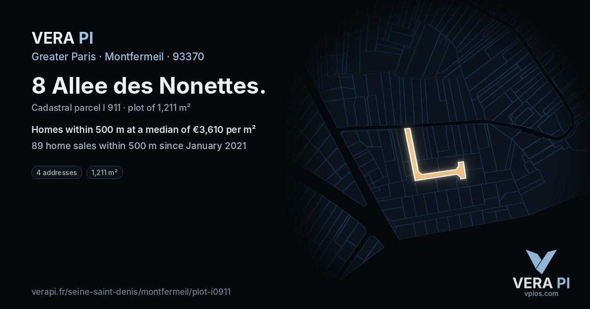 8 Allee des Nonettes, Montfermeil at night – the plot lit, the parcels around coloured by the prices near them