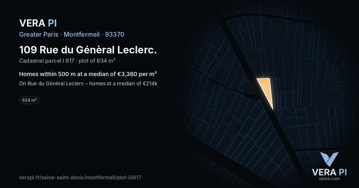 109 Rue du Génèral Leclerc, Montfermeil at night – the plot lit, the parcels around coloured by the prices near them
