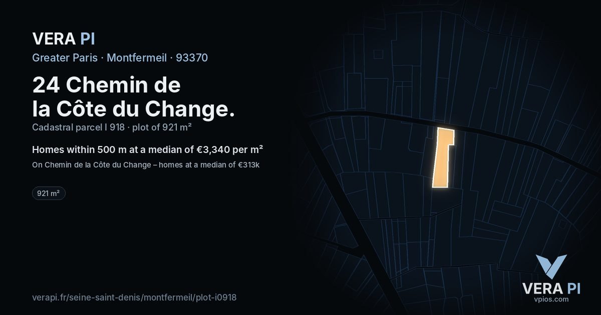 24 Chemin de la Côte du Change, Montfermeil at night – the plot lit, the parcels around coloured by the prices near them