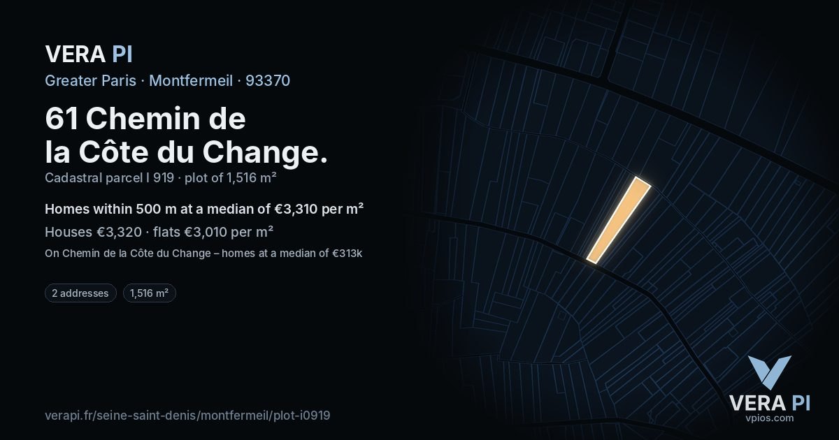 61 Chemin de la Côte du Change, Montfermeil at night – the plot lit, the parcels around coloured by the prices near them