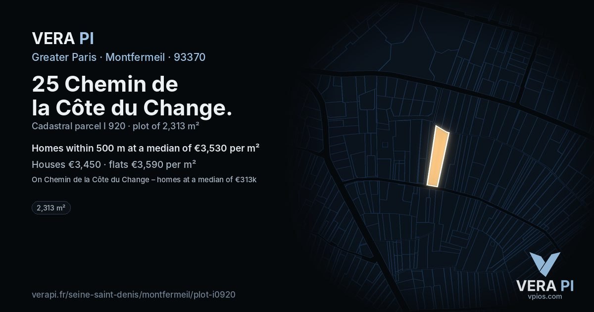 25 Chemin de la Côte du Change, Montfermeil at night – the plot lit, the parcels around coloured by the prices near them