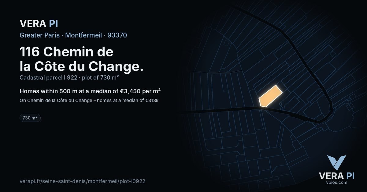 116 Chemin de la Côte du Change, Montfermeil at night – the plot lit, the parcels around coloured by the prices near them
