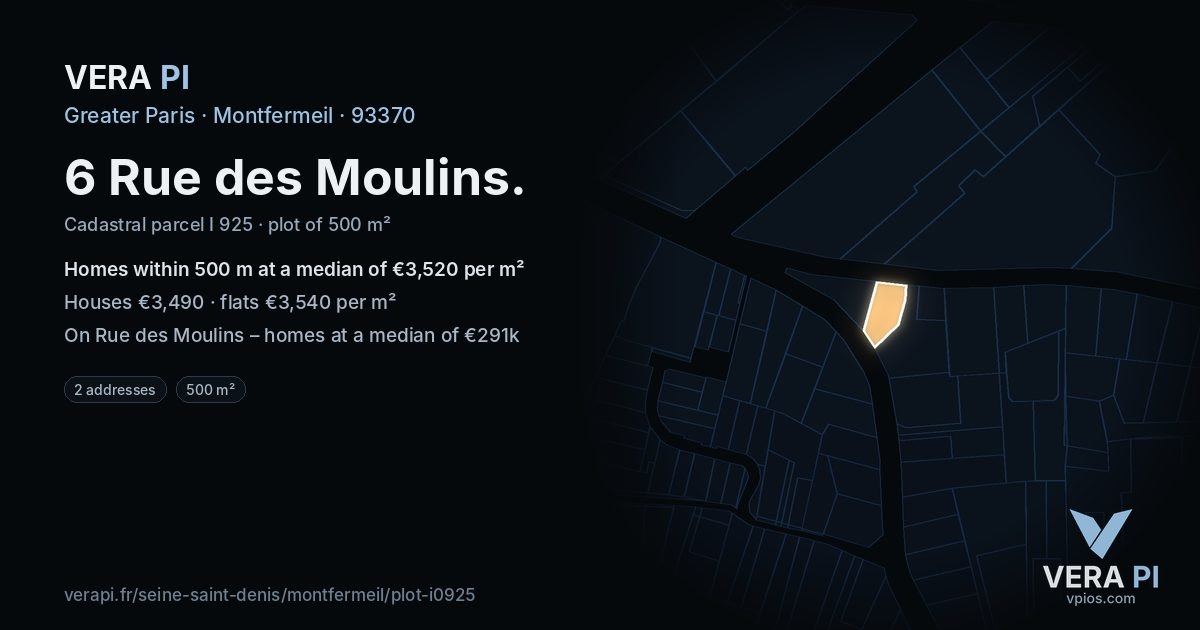 6 Rue des Moulins, Montfermeil at night – the plot lit, the parcels around coloured by the prices near them