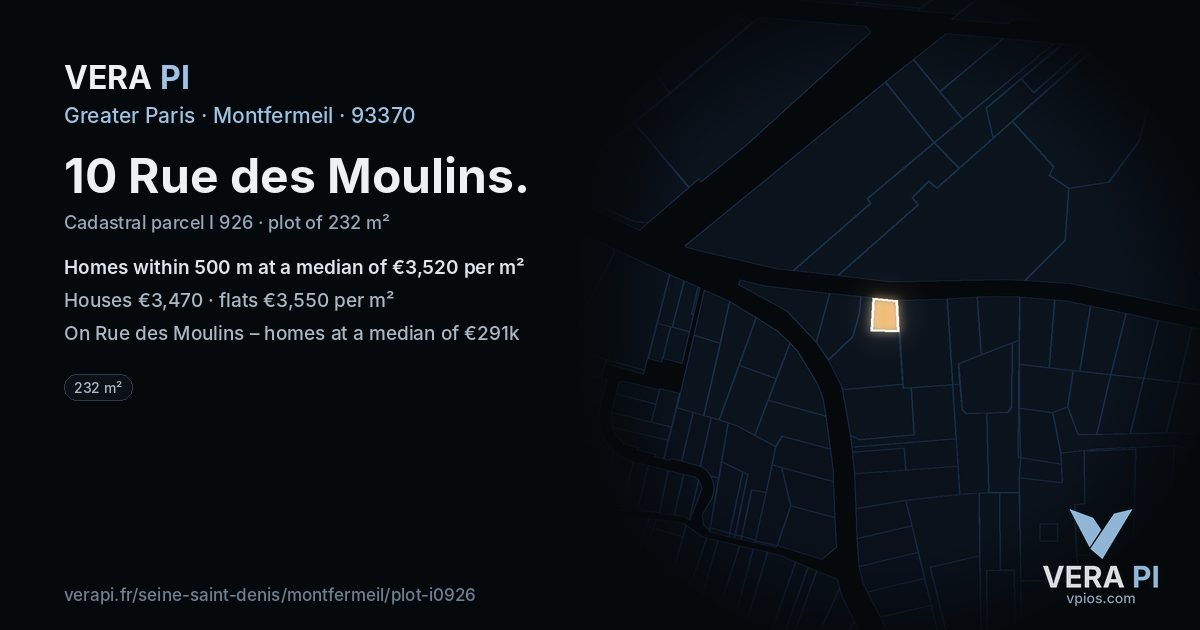 10 Rue des Moulins, Montfermeil at night – the plot lit, the parcels around coloured by the prices near them