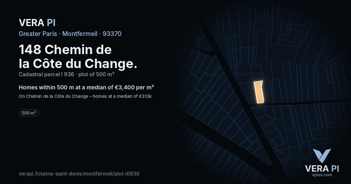 148 Chemin de la Côte du Change, Montfermeil at night – the plot lit, the parcels around coloured by the prices near them