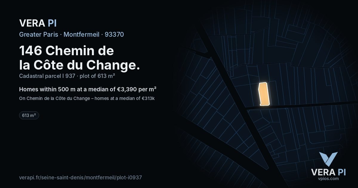 146 Chemin de la Côte du Change, Montfermeil at night – the plot lit, the parcels around coloured by the prices near them