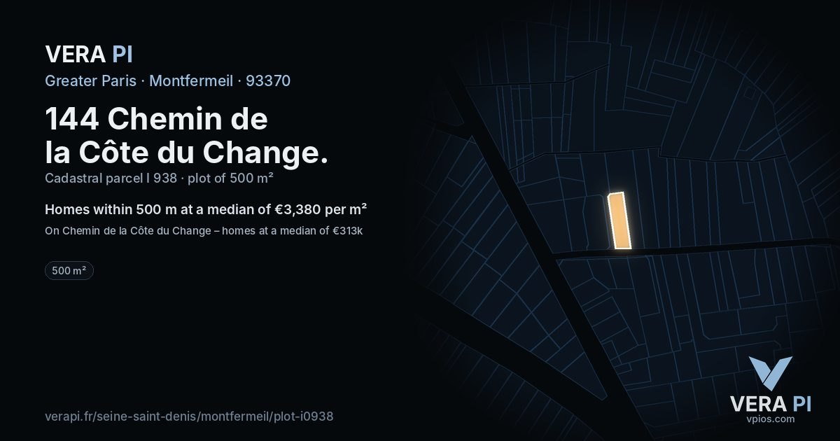144 Chemin de la Côte du Change, Montfermeil at night – the plot lit, the parcels around coloured by the prices near them