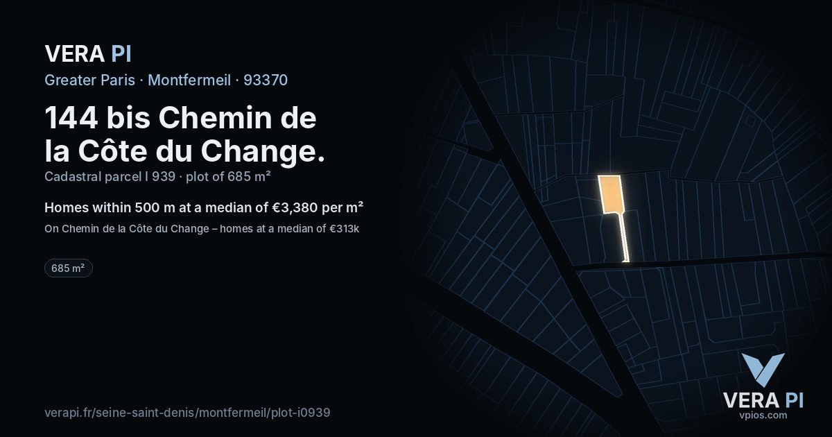 144 bis Chemin de la Côte du Change, Montfermeil at night – the plot lit, the parcels around coloured by the prices near them
