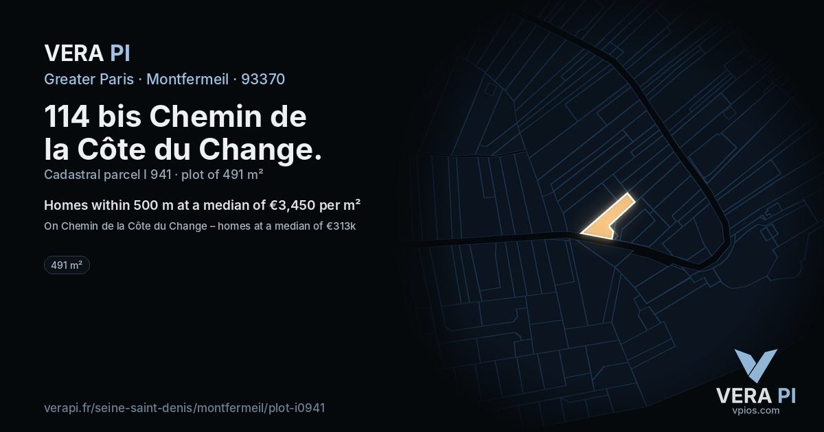 114 bis Chemin de la Côte du Change, Montfermeil at night – the plot lit, the parcels around coloured by the prices near them
