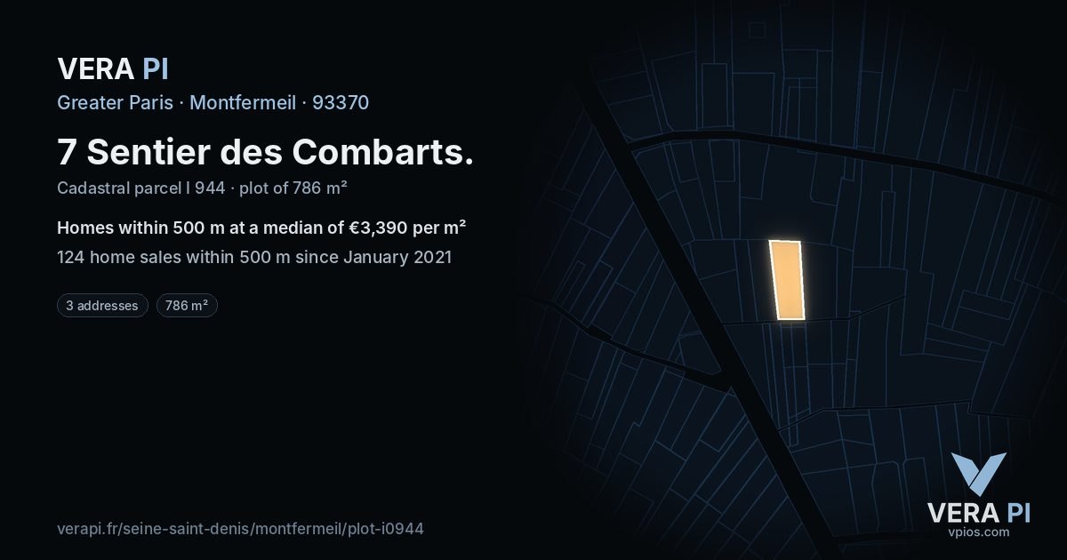 7 Sentier des Combarts, Montfermeil at night – the plot lit, the parcels around coloured by the prices near them