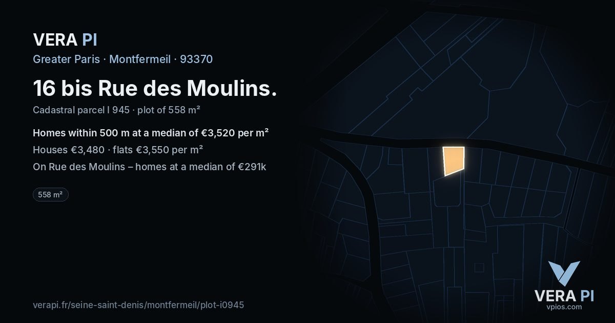 16 bis Rue des Moulins, Montfermeil at night – the plot lit, the parcels around coloured by the prices near them