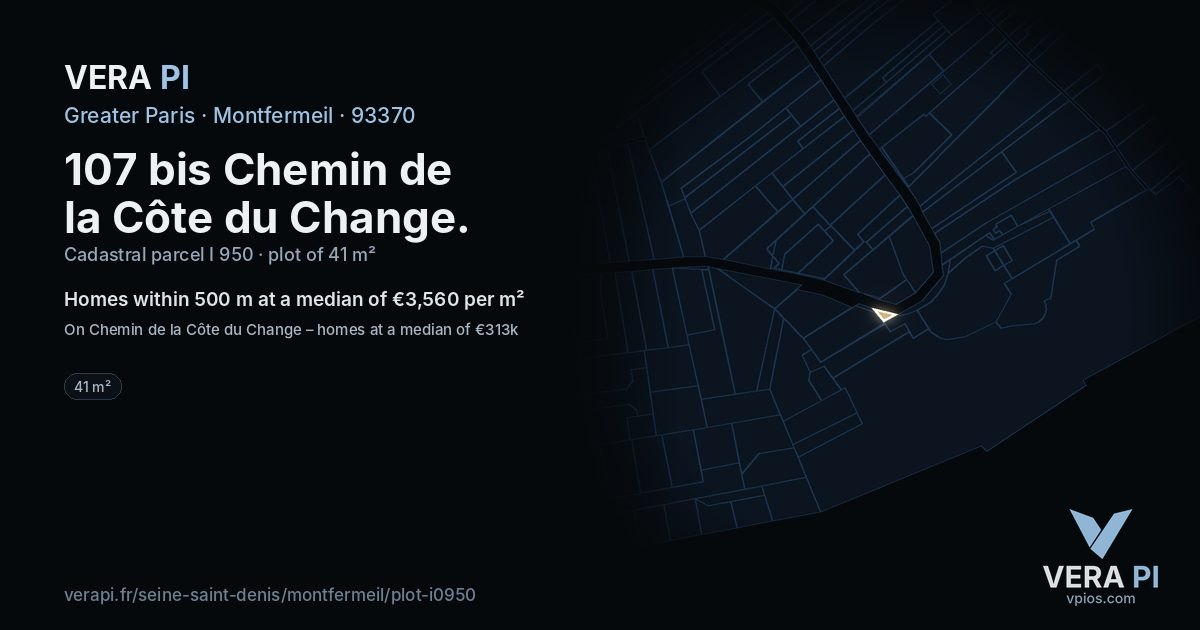 107 bis Chemin de la Côte du Change, Montfermeil at night – the plot lit, the parcels around coloured by the prices near them