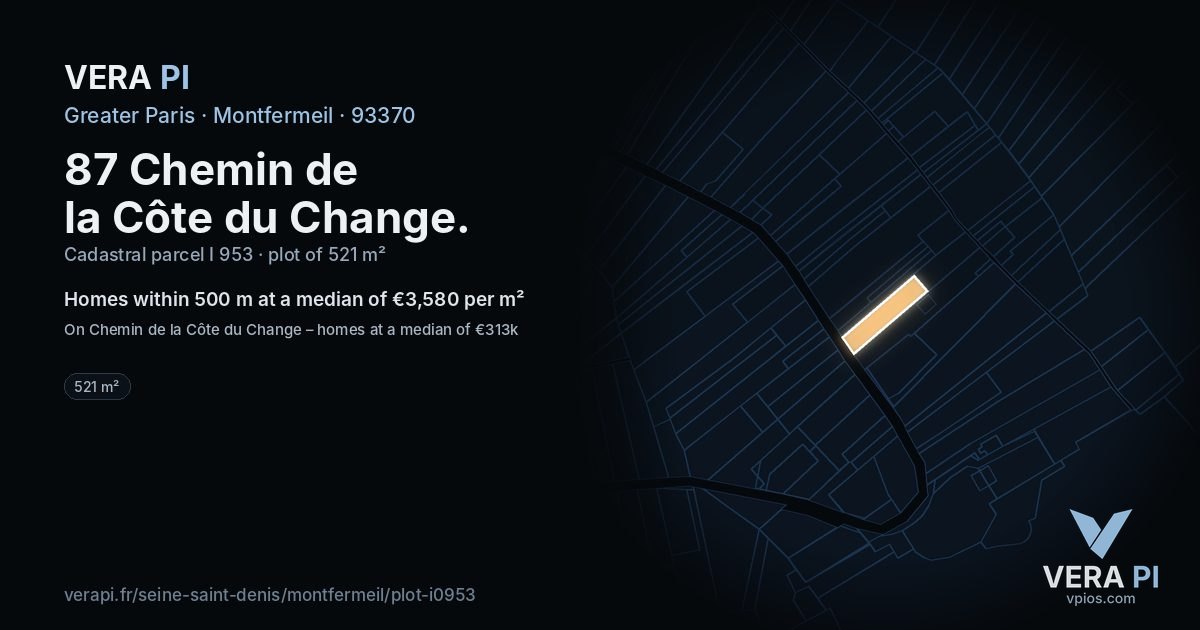 87 Chemin de la Côte du Change, Montfermeil at night – the plot lit, the parcels around coloured by the prices near them