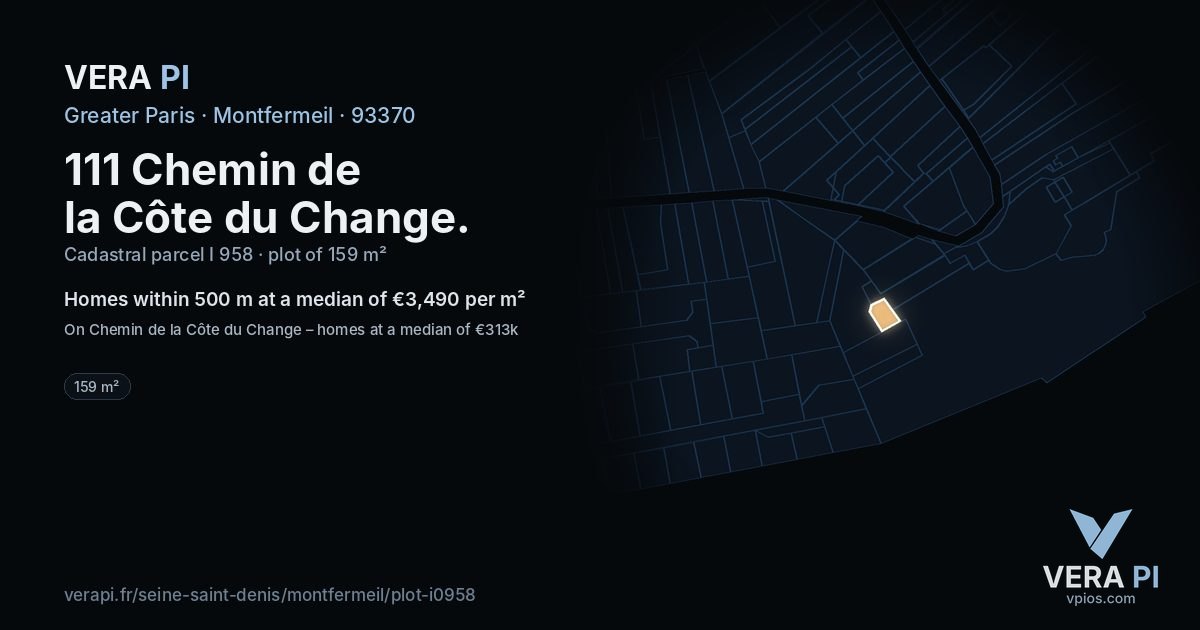111 Chemin de la Côte du Change, Montfermeil at night – the plot lit, the parcels around coloured by the prices near them