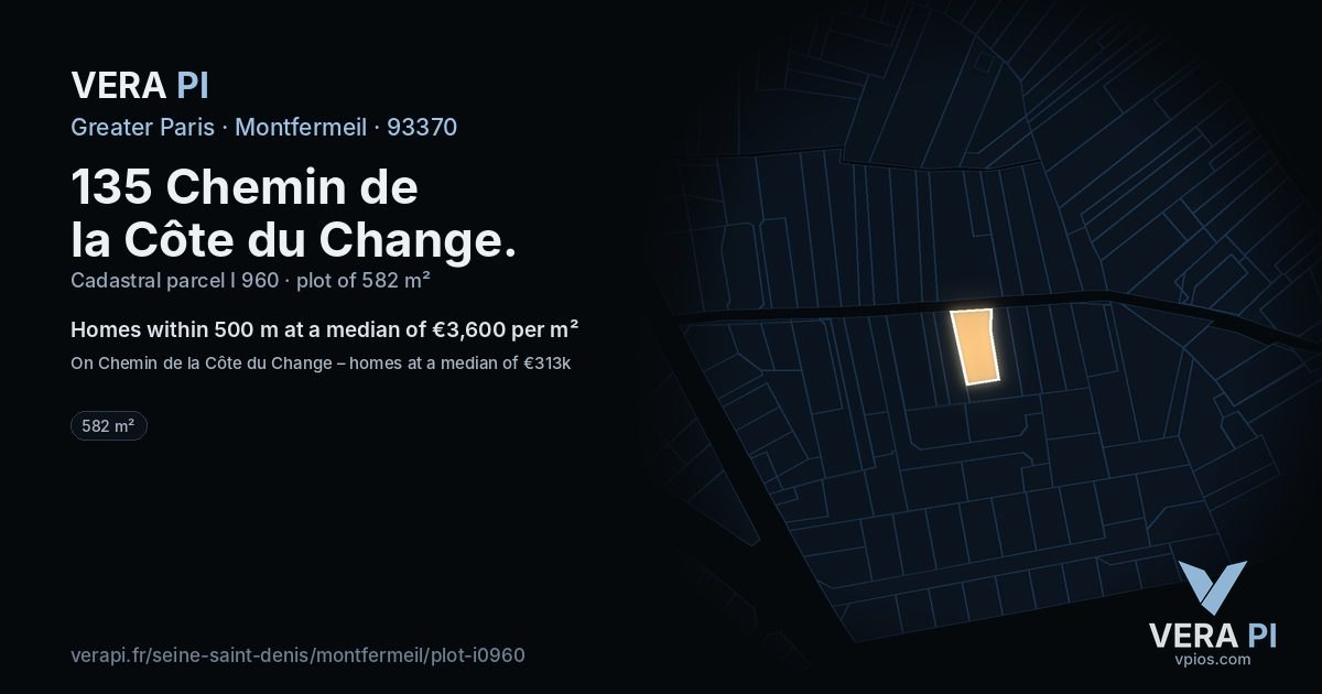 135 Chemin de la Côte du Change, Montfermeil at night – the plot lit, the parcels around coloured by the prices near them