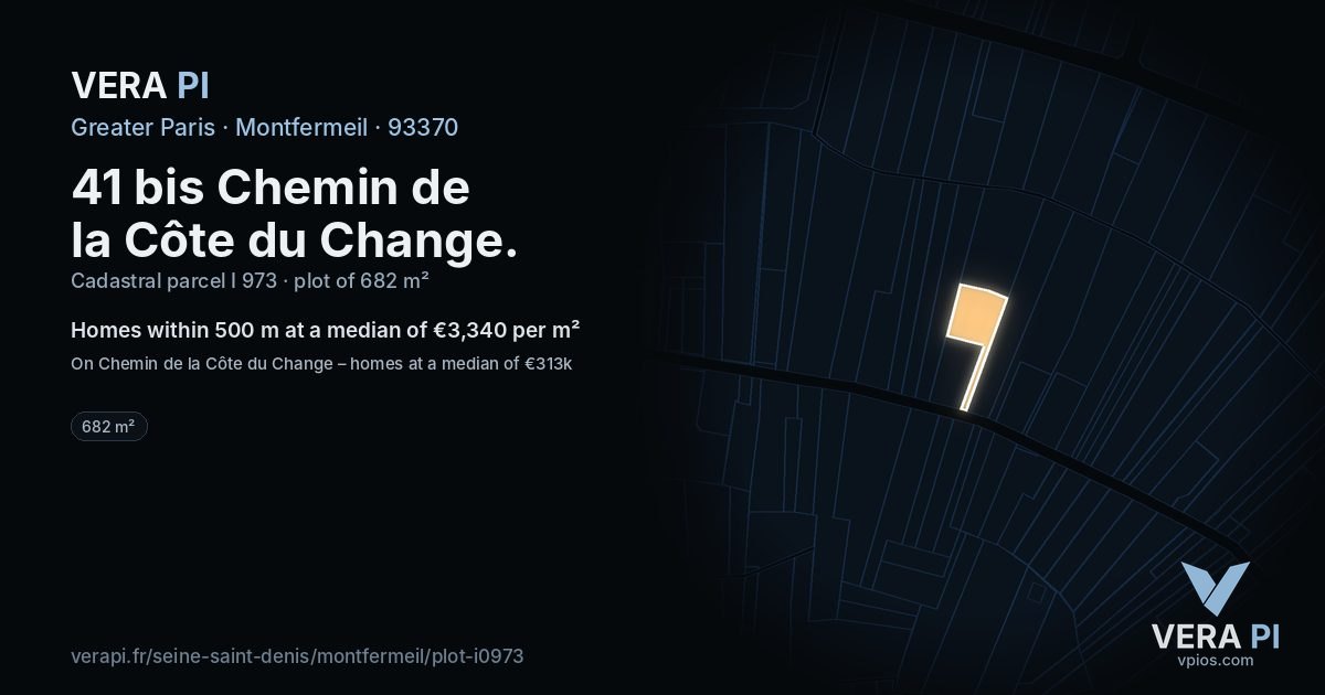 41 bis Chemin de la Côte du Change, Montfermeil at night – the plot lit, the parcels around coloured by the prices near them