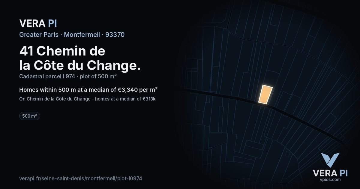 41 Chemin de la Côte du Change, Montfermeil at night – the plot lit, the parcels around coloured by the prices near them