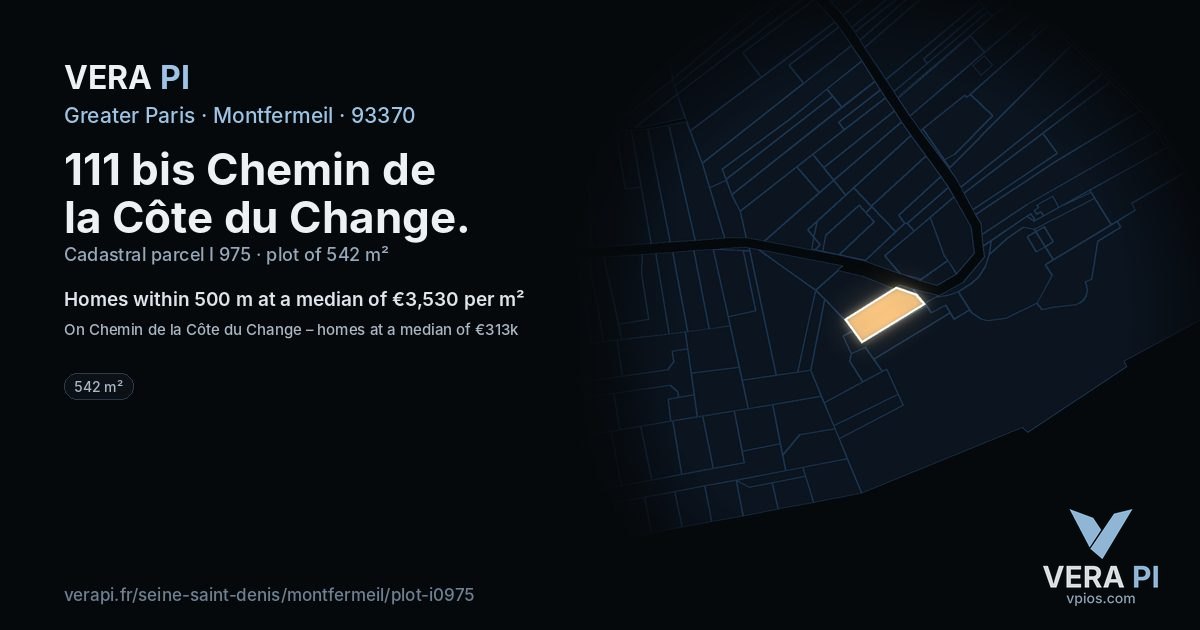111 bis Chemin de la Côte du Change, Montfermeil at night – the plot lit, the parcels around coloured by the prices near them