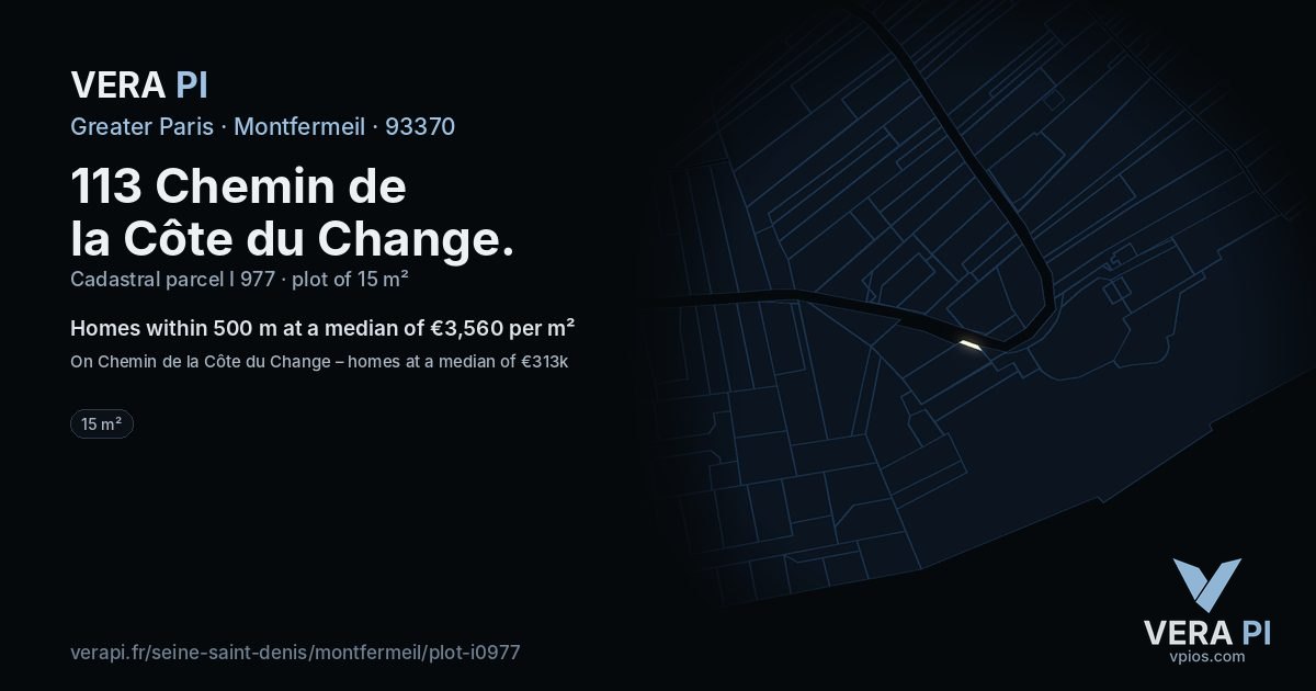 113 Chemin de la Côte du Change, Montfermeil at night – the plot lit, the parcels around coloured by the prices near them