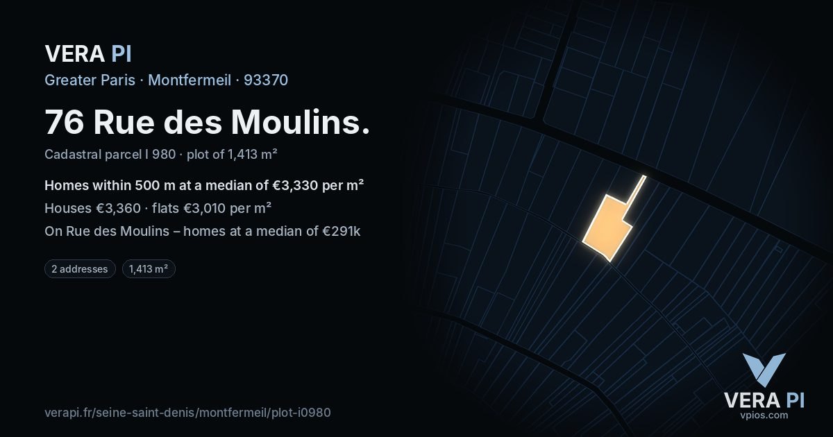 76 Rue des Moulins, Montfermeil at night – the plot lit, the parcels around coloured by the prices near them