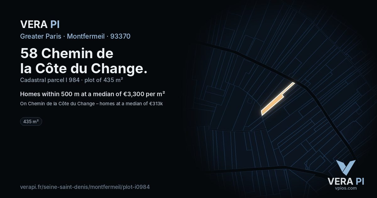 58 Chemin de la Côte du Change, Montfermeil at night – the plot lit, the parcels around coloured by the prices near them