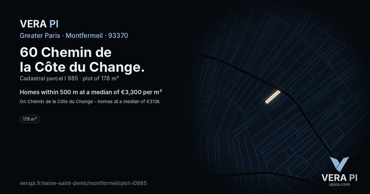 60 Chemin de la Côte du Change, Montfermeil at night – the plot lit, the parcels around coloured by the prices near them