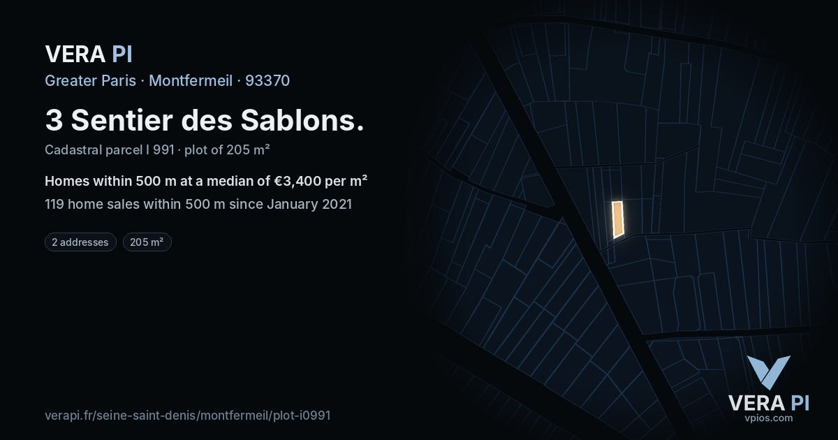 3 Sentier des Sablons, Montfermeil at night – the plot lit, the parcels around coloured by the prices near them