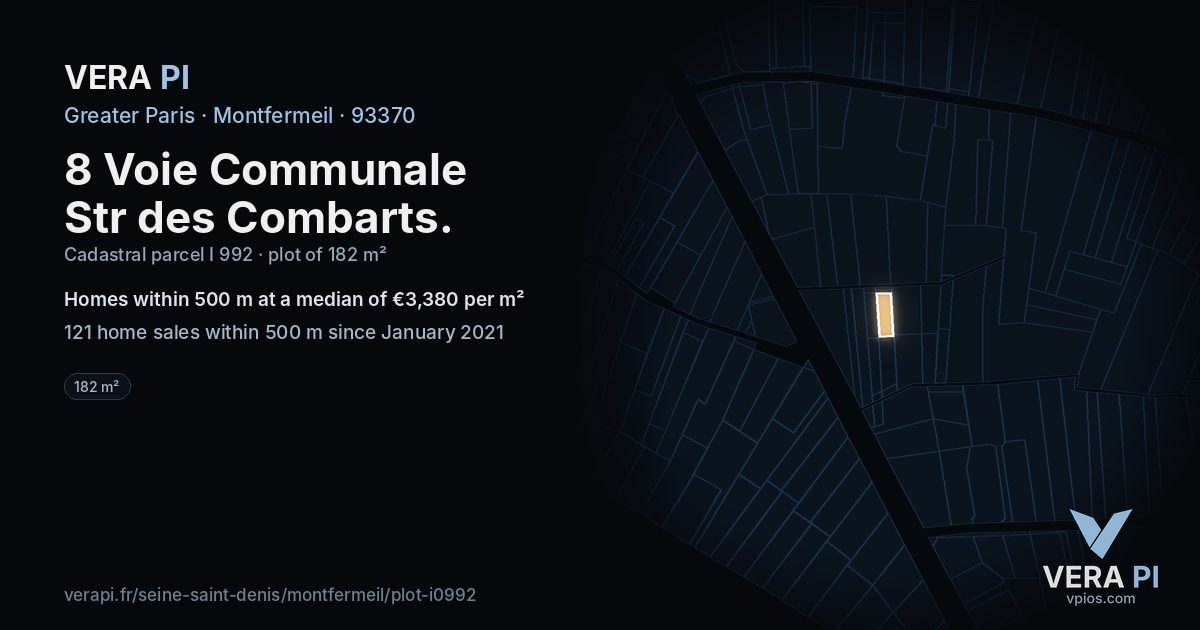 8 Voie Communale Str des Combarts, Montfermeil at night – the plot lit, the parcels around coloured by the prices near them