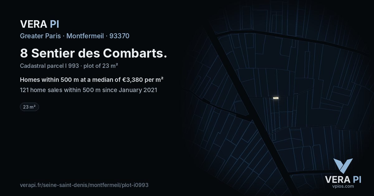8 Sentier des Combarts, Montfermeil at night – the plot lit, the parcels around coloured by the prices near them