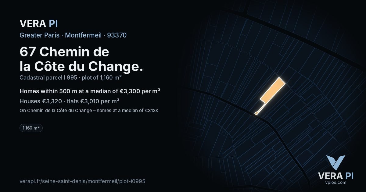 67 Chemin de la Côte du Change, Montfermeil at night – the plot lit, the parcels around coloured by the prices near them