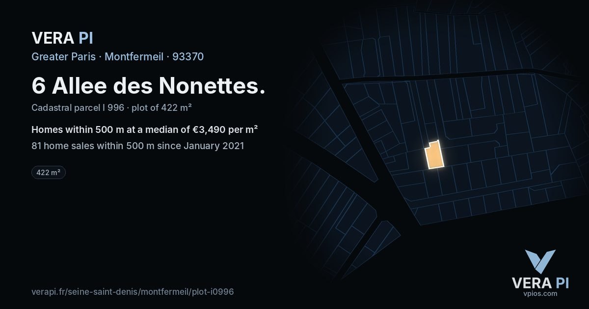 6 Allee des Nonettes, Montfermeil at night – the plot lit, the parcels around coloured by the prices near them