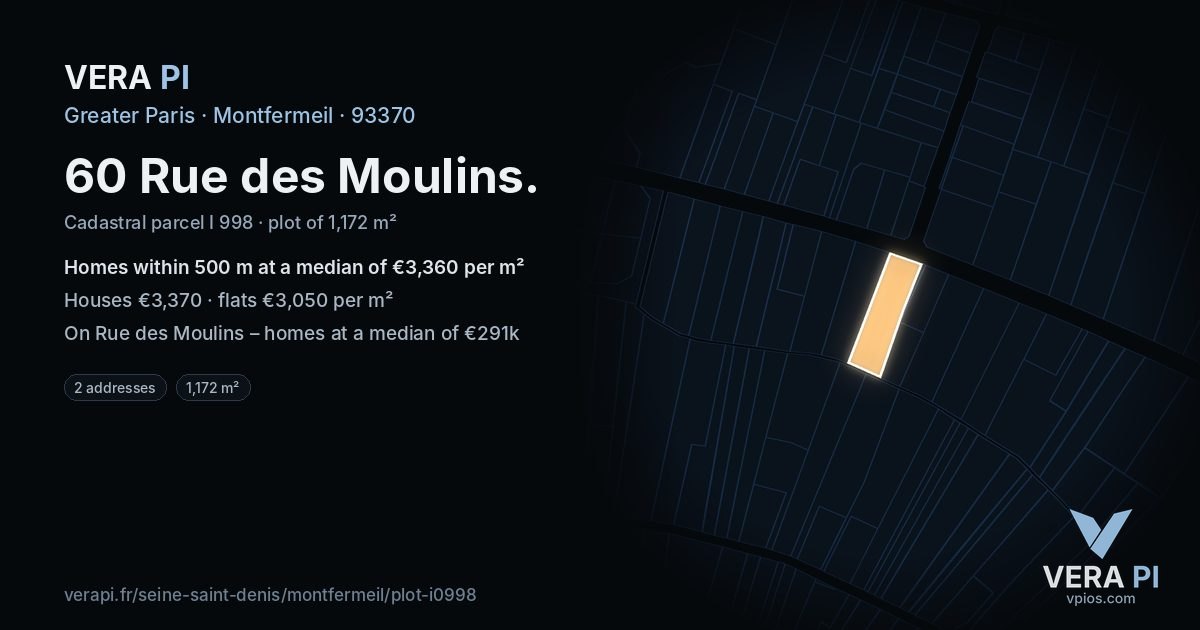 60 Rue des Moulins, Montfermeil at night – the plot lit, the parcels around coloured by the prices near them