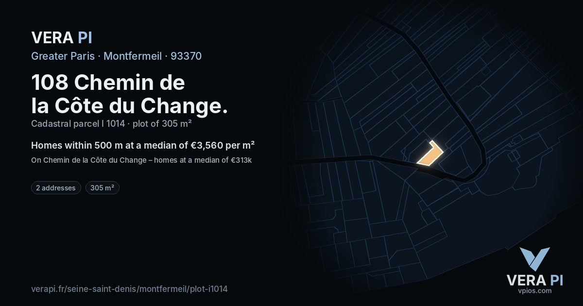 108 Chemin de la Côte du Change, Montfermeil at night – the plot lit, the parcels around coloured by the prices near them
