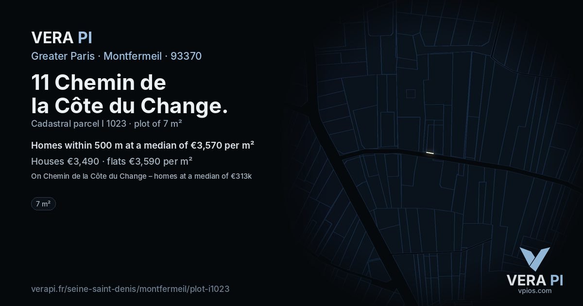 11 Chemin de la Côte du Change, Montfermeil at night – the plot lit, the parcels around coloured by the prices near them